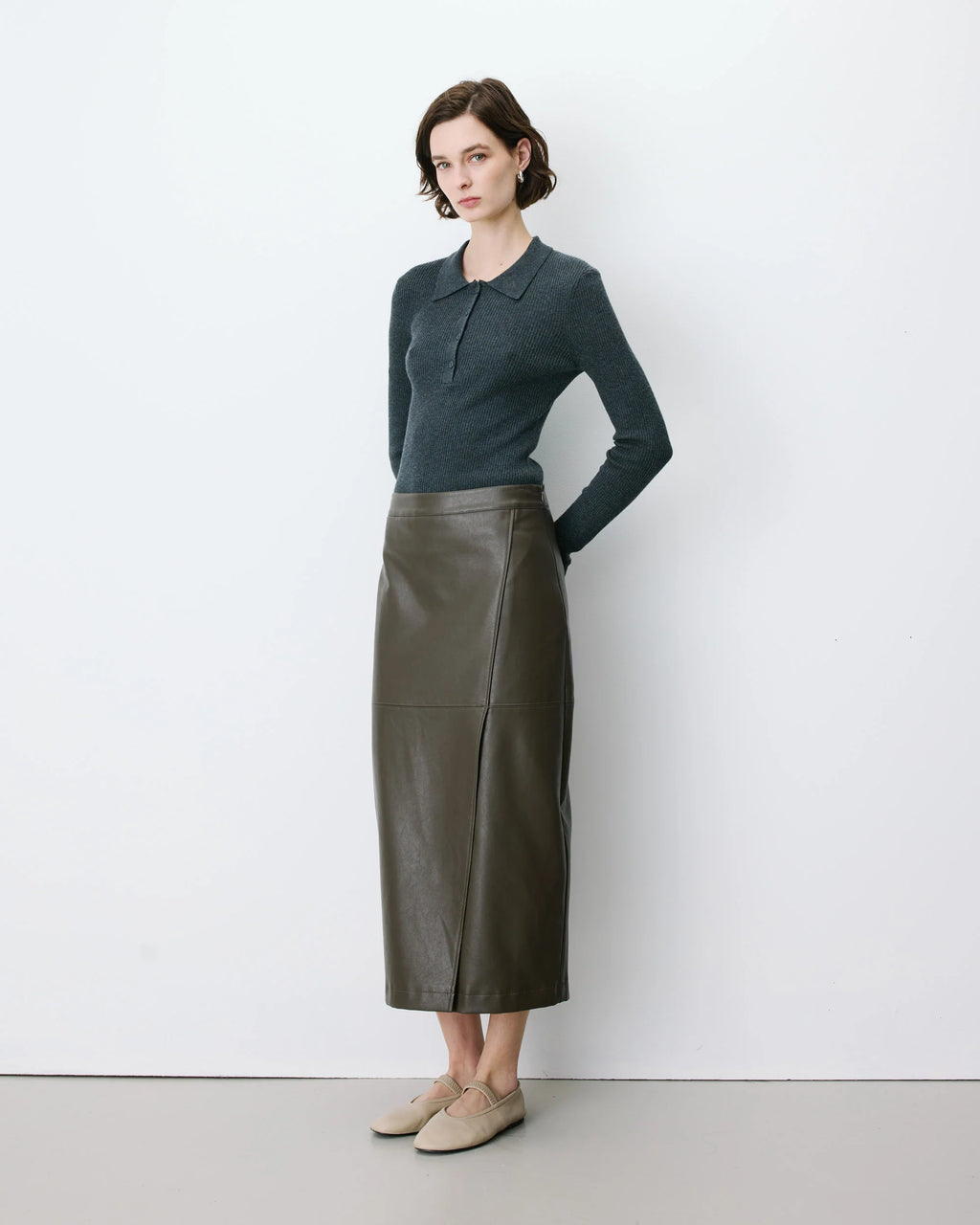 Falda Midi Polipiel Kaki Aenor